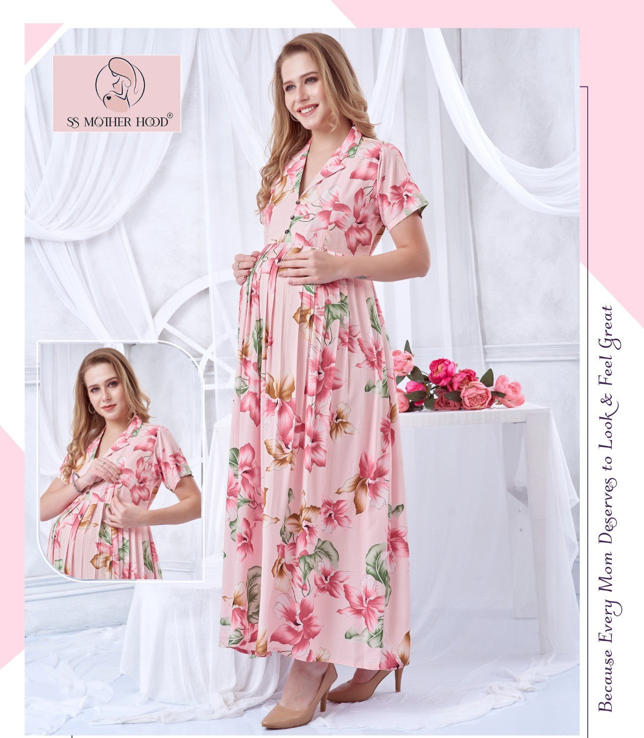 3532 PINK LONG REYON MATERNITY NIGHTY