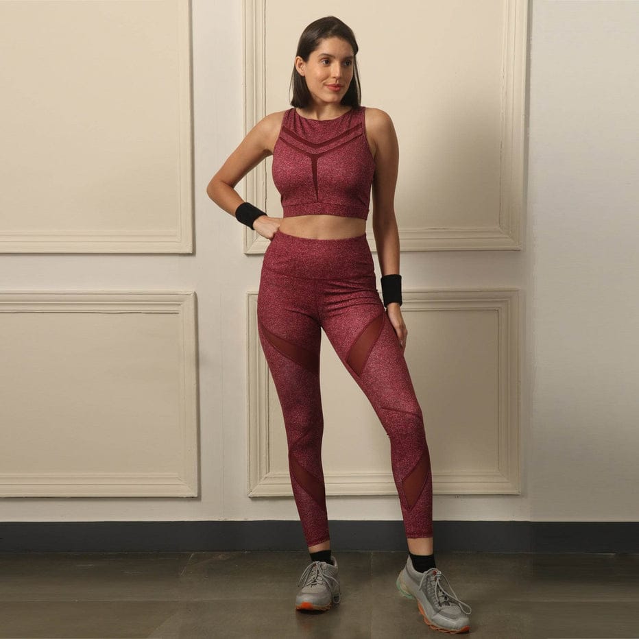 High Waist Ankle Length Sports Leggings with Mesh Panel and Quick Dry