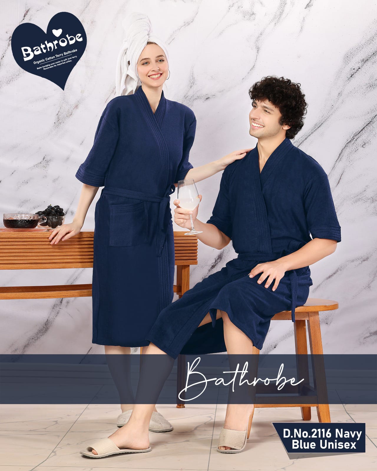 Bathrobe for Women Micro Terry Cotton Towel Robe |  Unisex bathrobe - NAVY BLUE